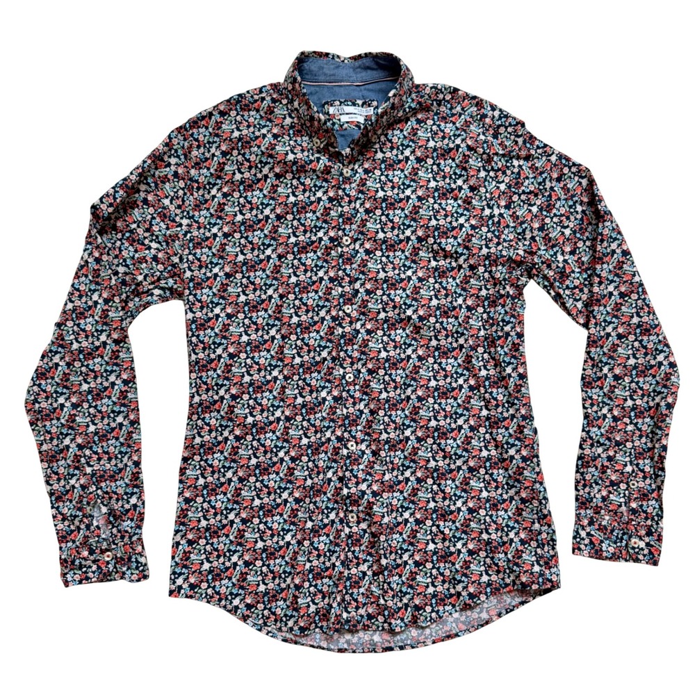 Zara Man Slim Fit Floral Ditsy Button Down Shirt Navy Red Long Sleeve Medium